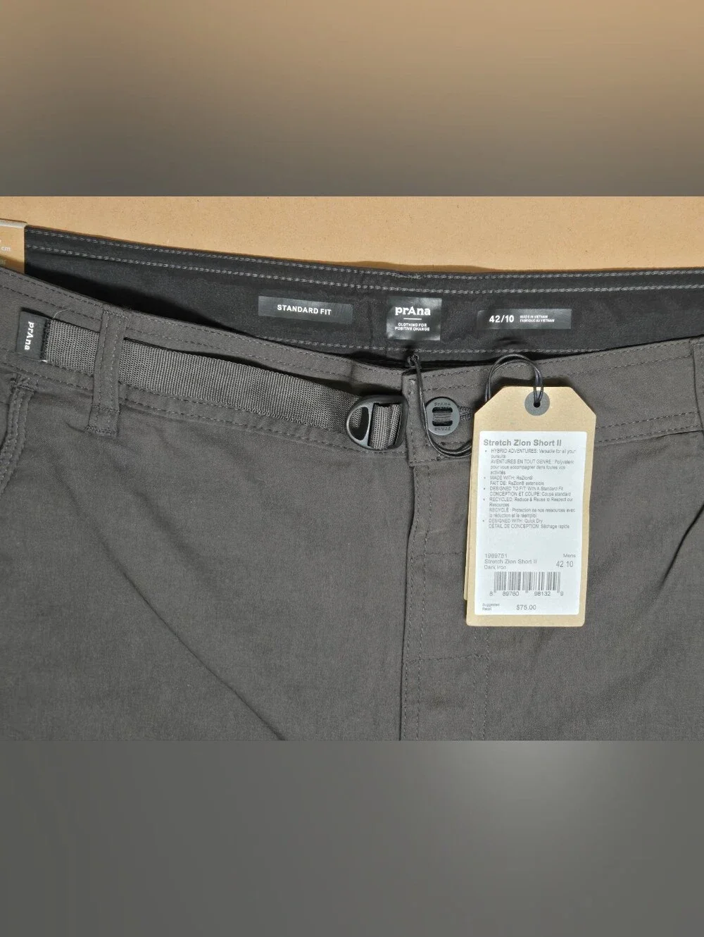NEW $75 Prana Stretch Zion II Shorts Men’s Size 42x10 Gray Cargo Hiking Hybrid